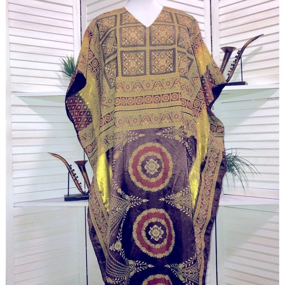 Vintage 70s vintage Kaftan tapestry golden brown maxi dress Sz OS Size ONE SIZE - 1 Thumbnail