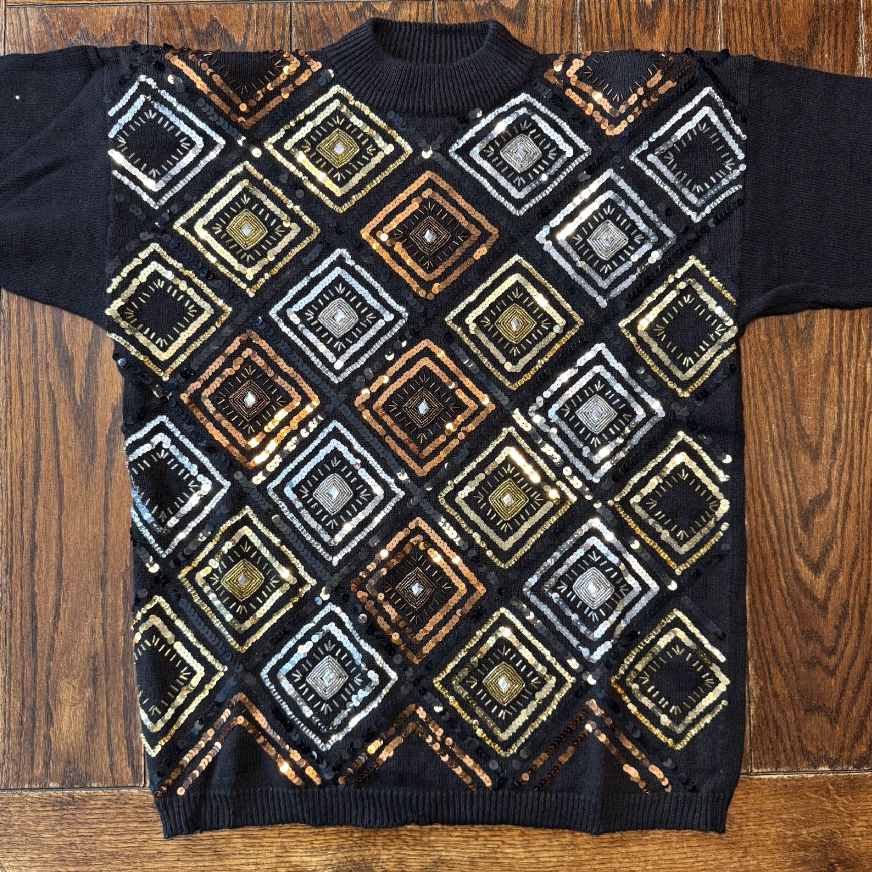 Vintage VINTAGE Maurada Sweater Embellished Sequins Tan Brown Black XL 80’s Fashion Geometric Knit Crew Neck Beaded Pullover Women Retro Size XL / US 12-14 / IT 48-50 - 2 Thumbnail