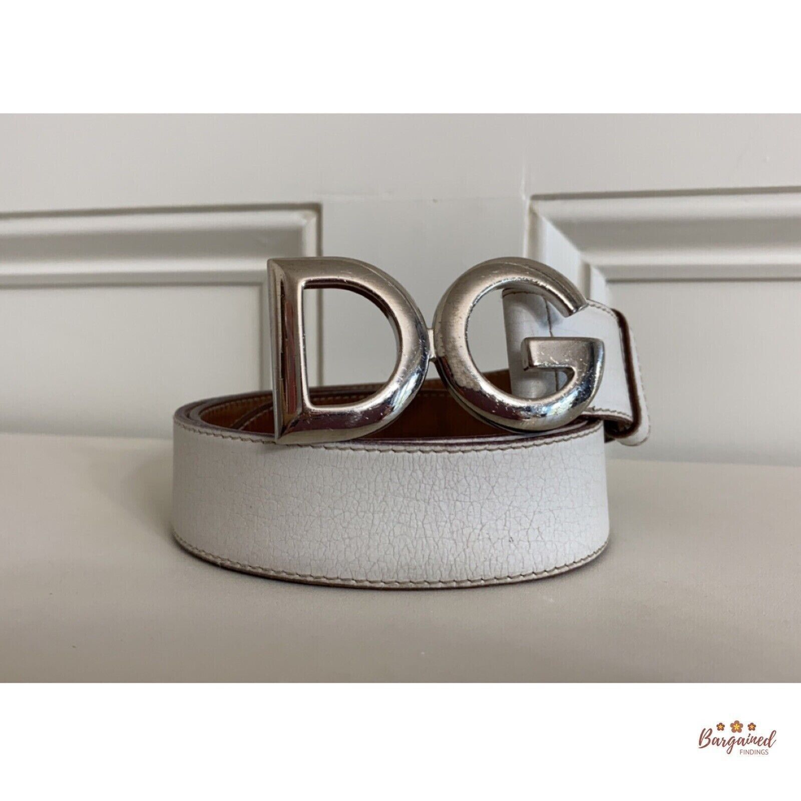 Dolce&Gabanna White Leather Silver Logo Buckle Belt Size