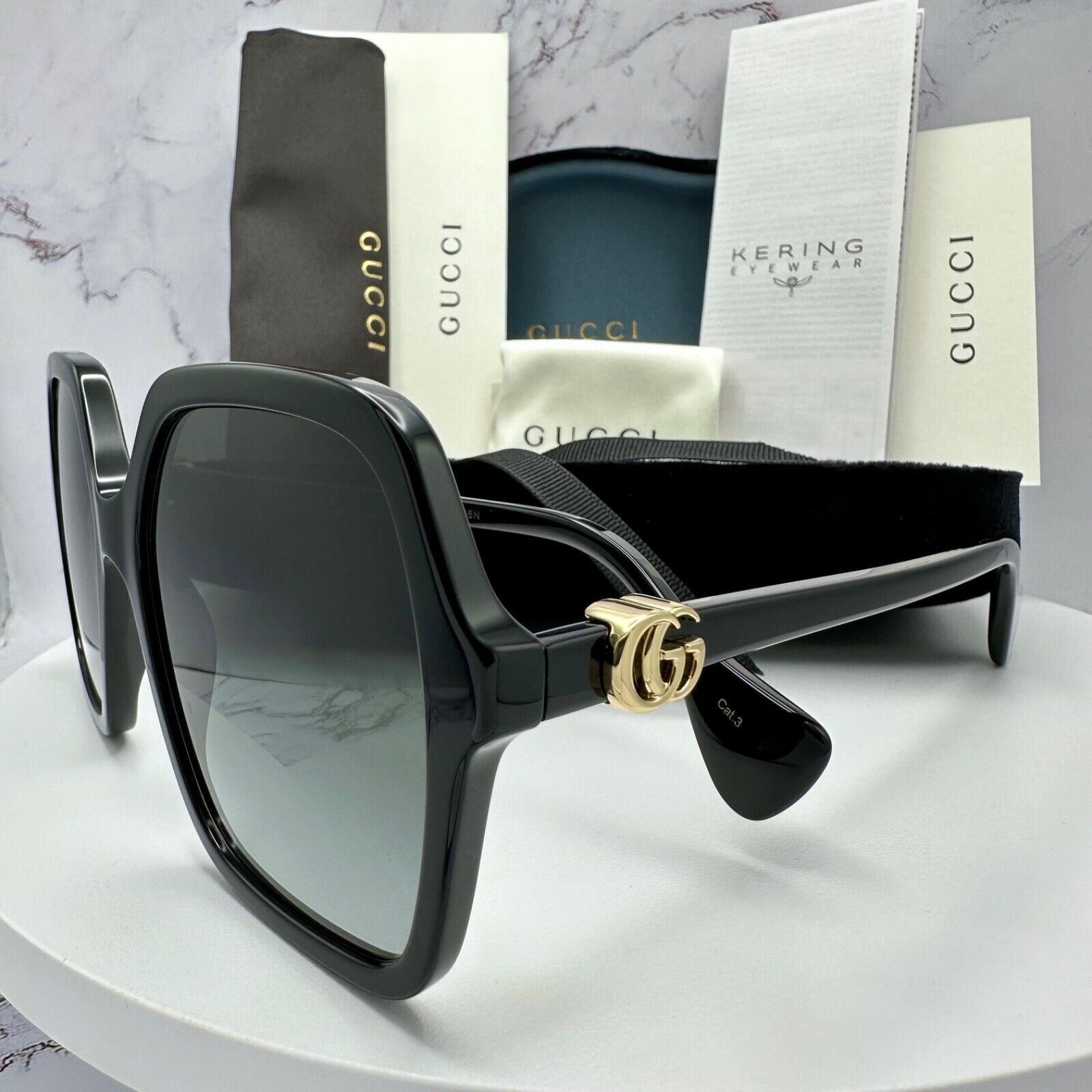 Gucci GUCCI Sunglasses New Black Oversized Acetate Gold Metal Logo Size ONE SIZE - 5 Thumbnail