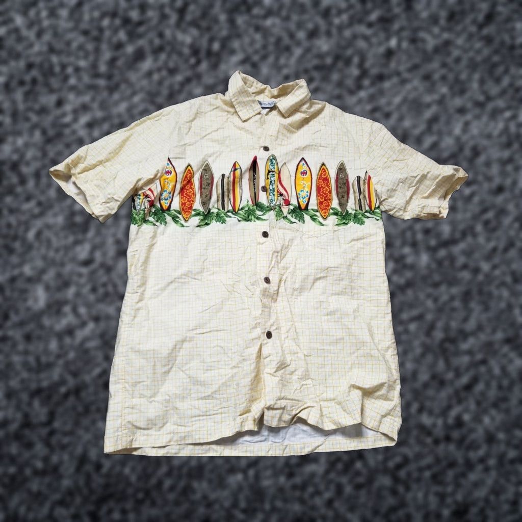 ALOHAS VINTAGE Aloha Republic Mens Hawaiian Shirt Plaid Surf Boards T M Yellow Cotton Button-Up Short Sleeve Collared Ship Size US M / EU 48-50 / 2 - 1 Thumbnail