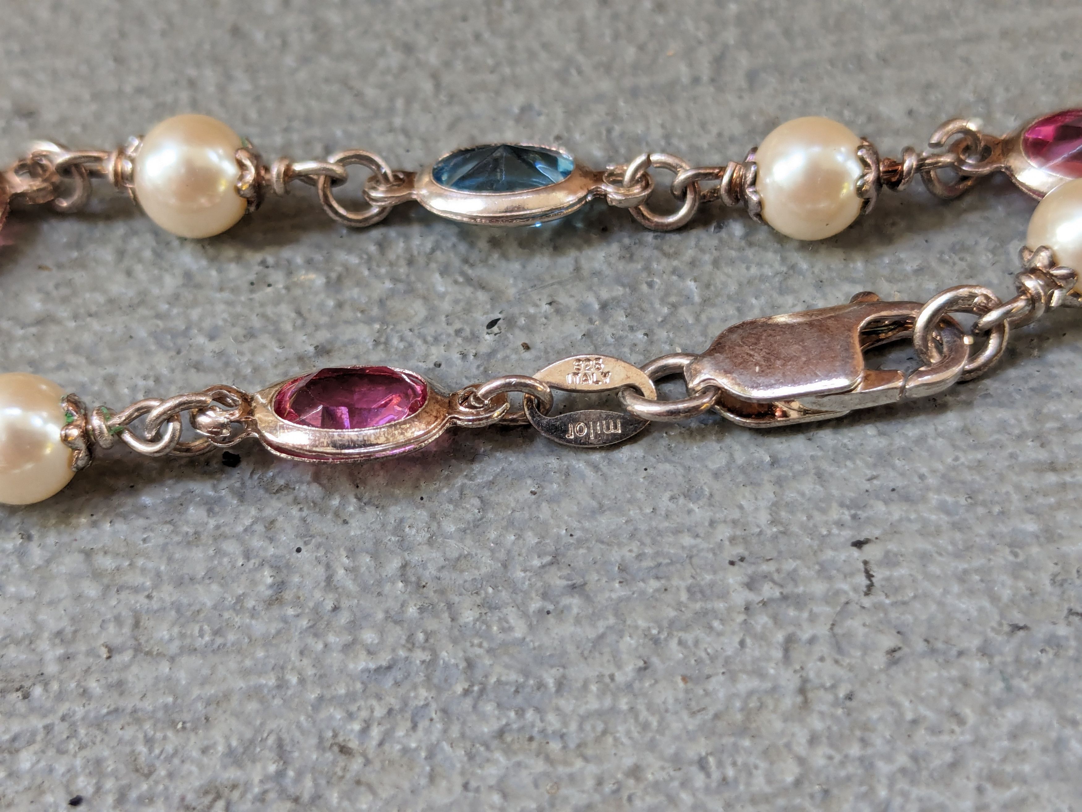 Jewelry Sterling Silver Tennis Bracelet 7.25" Chain Rainbow Pearls Size ONE SIZE - 7 Thumbnail