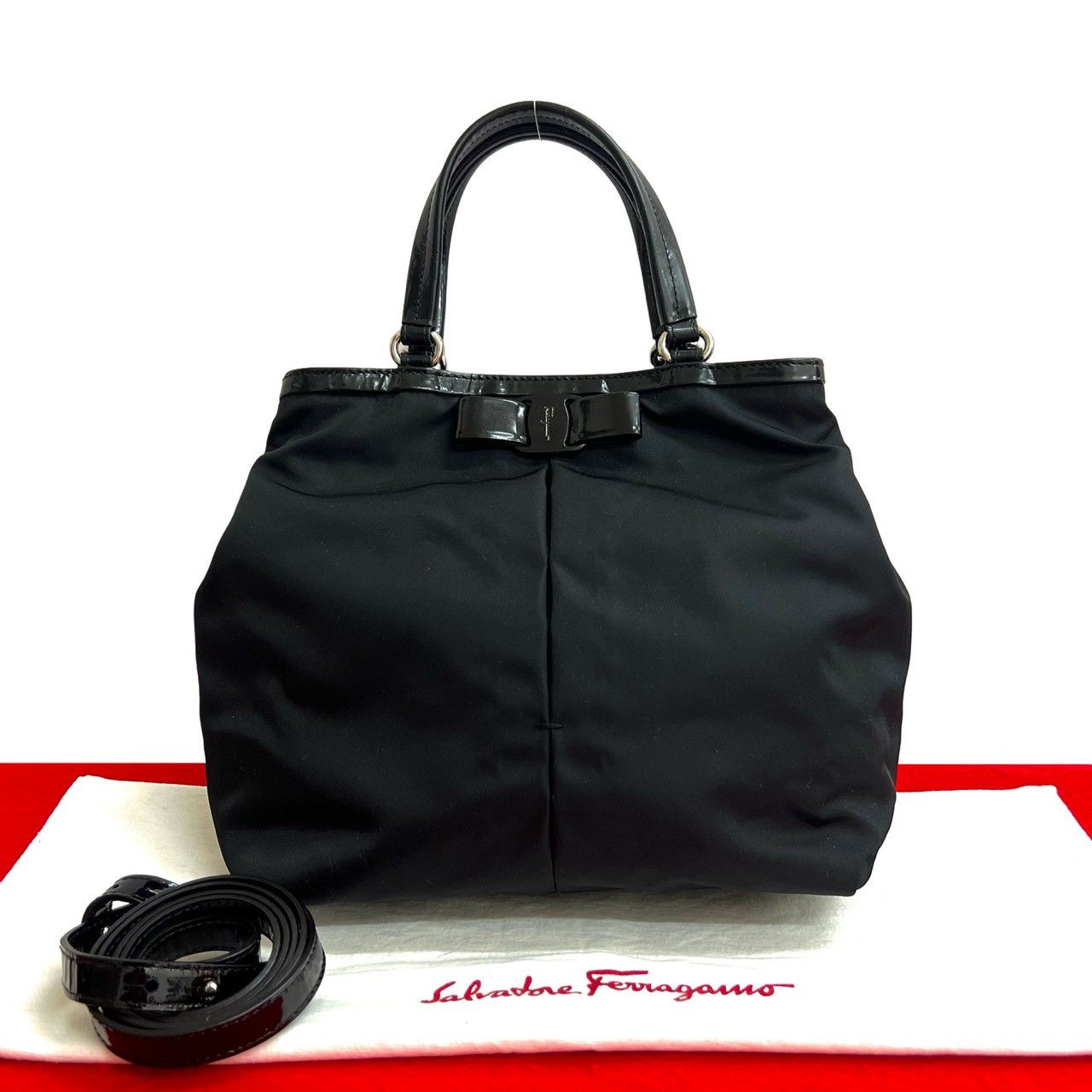 Salvatore Ferragamo Salvatore Ferragamo Vara Ribbon Nylon Patent Leather 2Way Bag Textile Shoulder Bag Duty Free For Usa in Black, Women's