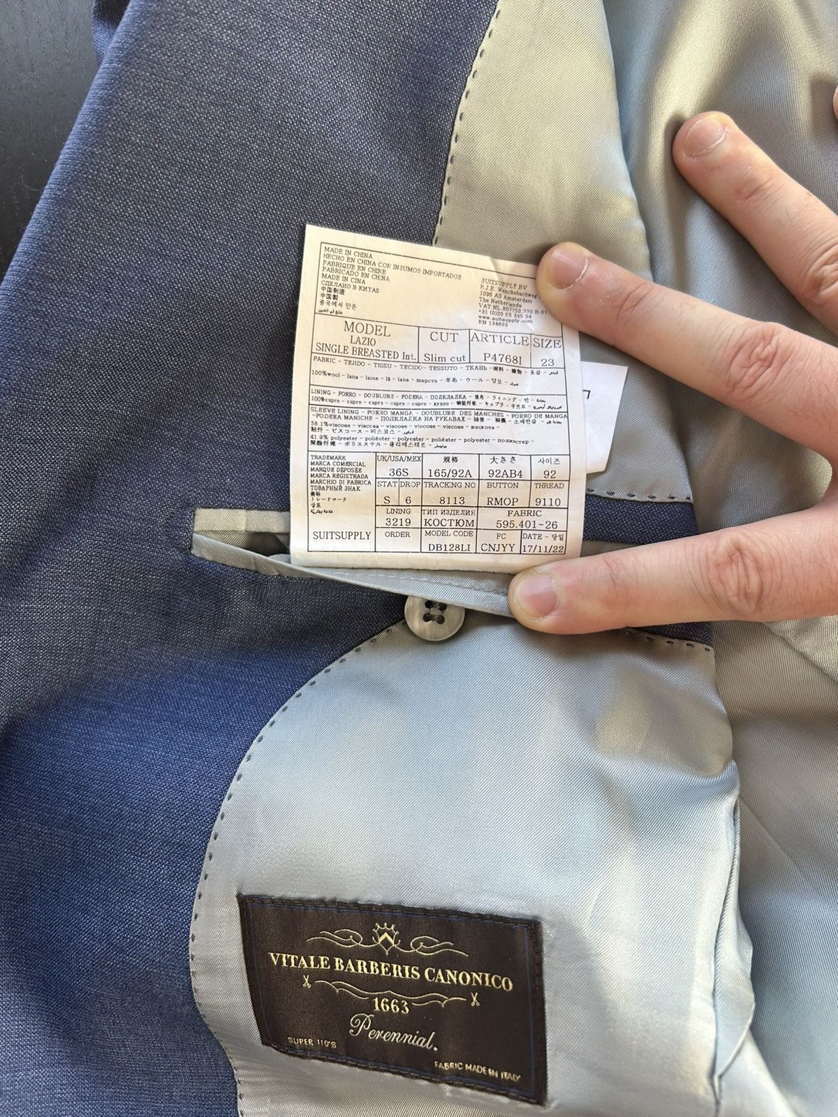 Suitsupply × Vitale Barberis Canonico Suitsupply men’s full blue suit- jacket and trousers Size 36S - 7 Thumbnail
