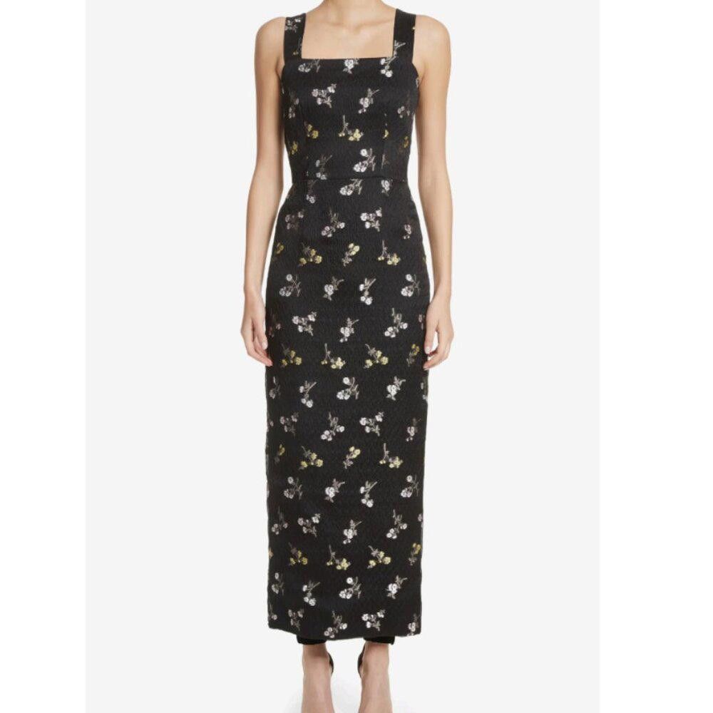 St John K12RWD2 Caviar Multi Silk Floral Black Midi Dress