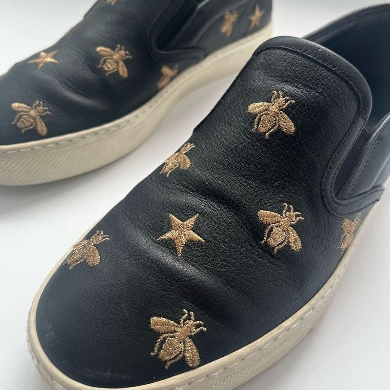 Gucci Gucci Black Leather Slip-On Sneakers with Bee Embroidery Size US 5.5 / EU 38 - 6 Thumbnail