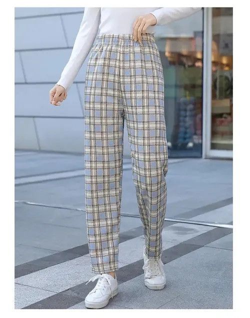 image of Vintage Fashion Plush Pants Fleece Thick Plaid Women Winter Casual in Blue (Size 27)
