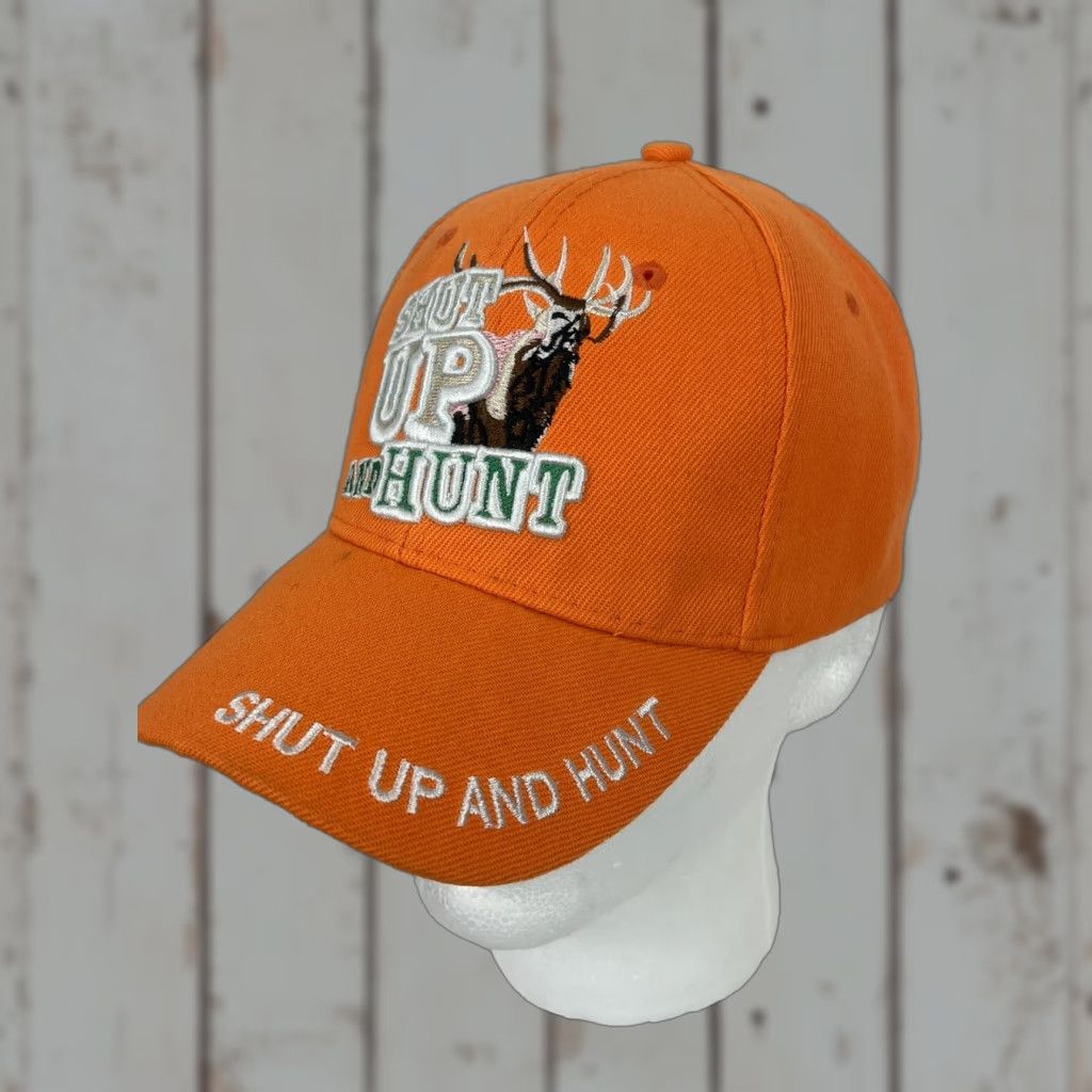 Vintage HUNTING Adjustable Hat Cap "Shut Up and Hunt" Orange Mens OSFM Adjustable Ball Cap Orange FDA? Size ONE SIZE - 1 Thumbnail