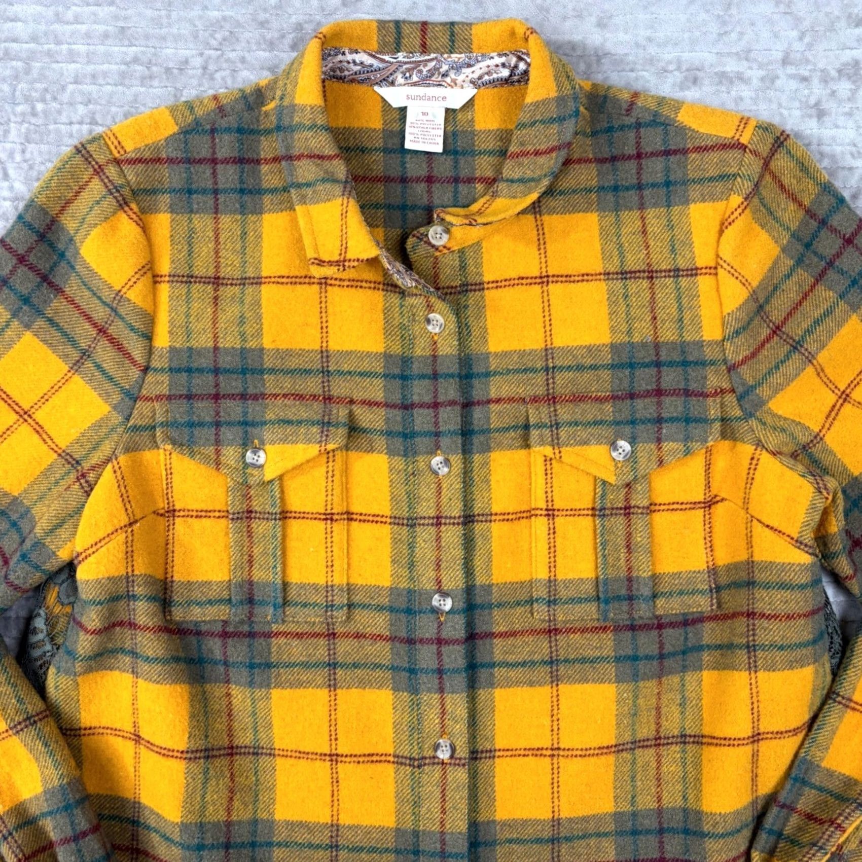 Vintage Sundance Womens Jacket Shacket Plaid Wool Blend Lace Back Button Front 10 Yellow Child? Size L / US 10 / IT 46 - 4 Thumbnail