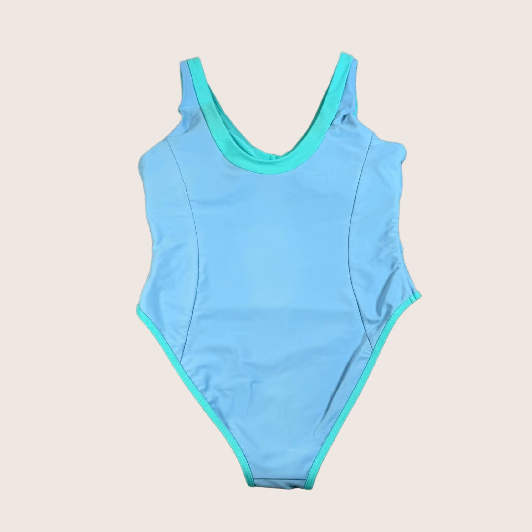 Vintage 93 Play Street One Piece XL Blue V Neck Aqua Trim Beac Tank Wide Straps Sleeveless Lined Stretch Womens Bathing Suit Size ONE SIZE - 1 Thumbnail
