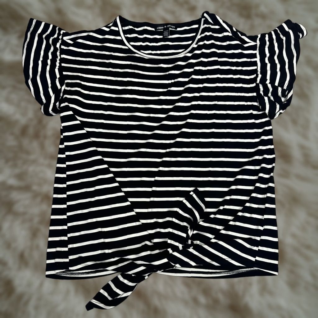 Vintage Cable & Gauge Women's Top Shirt Black White M Striped Flutter Sleeve Knot Front Size M / US 6-8 / IT 42-44 - 1 Thumbnail