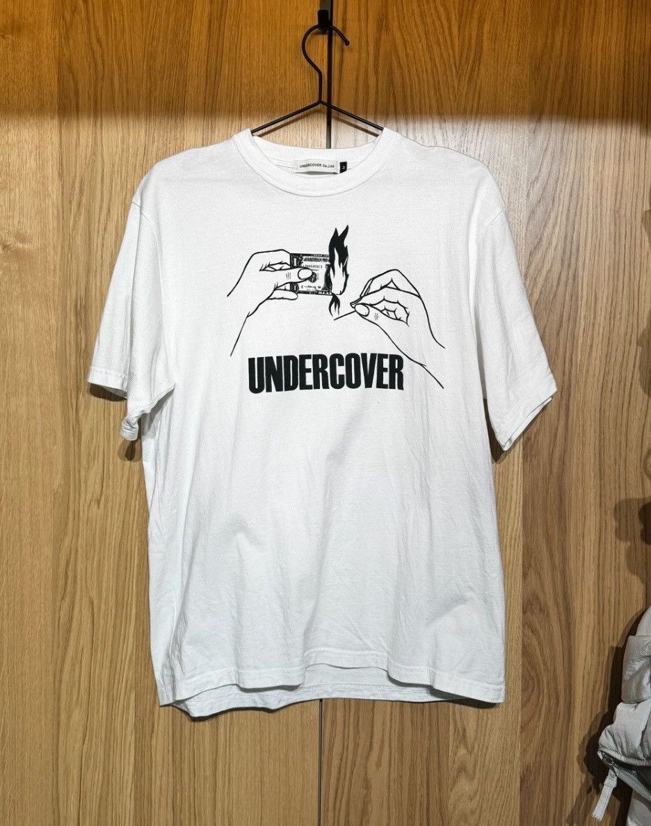 image of $285 Dollar Bill Lit Fire Undercover Tee Shirt in White, Men's (Size Large)