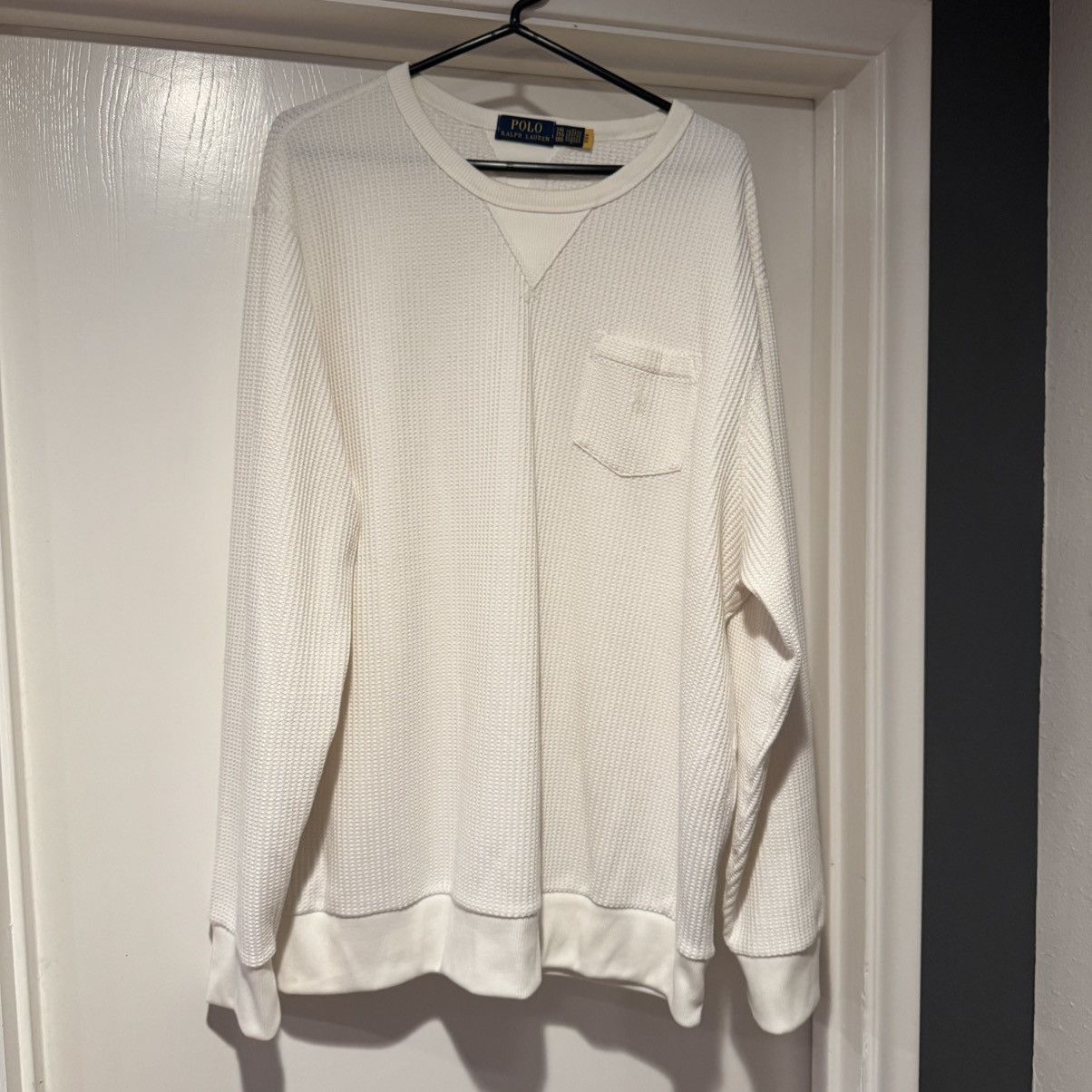 White Polo Ralph Lauren Waffle Knit Sweatshirt Pocket XXL