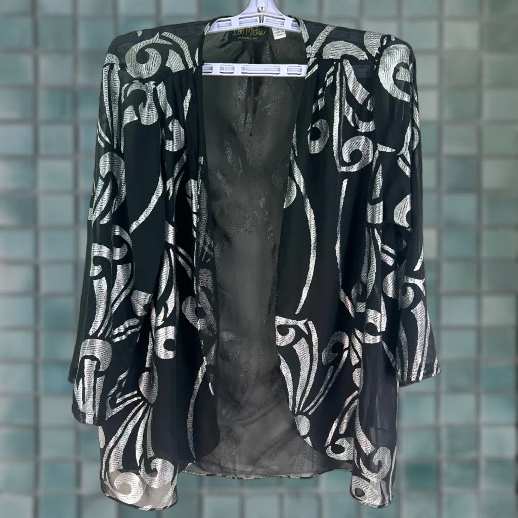 Bob Mackie Mackie Open Cardigan Duster Blouse Womens Black Silver Shimmer Geometric Glitter Long Sleeve Round Neck M Adult Womens Size M / US 6-8 / IT 42-44 - 1 Thumbnail