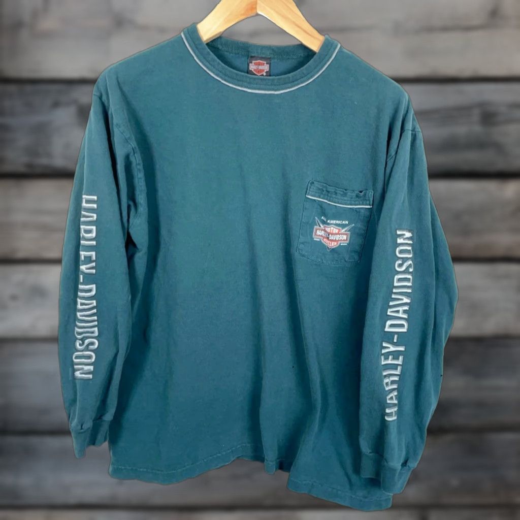Harley Davidson VINTAGE Harley-Davidson Long Sleeve Pocket T-Shirt Mens XL Large USA Made Michigan Blue Graphic Print Crew Neck Jersey 100% Cotton Logo Shirt Size US L / EU 52-54 / 3 - 1 Thumbnail