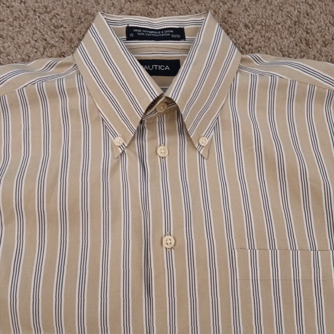 Nautica Nautica Shirt Mens 15 Beige Gray Striped Long Sleeve Button-Down Cotton Men Regular Size 15 Mens Womens? Size US M / EU 48-50 / 2 - 2 Thumbnail