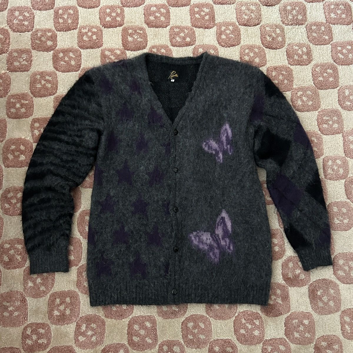needles x beams multi-print purple & grey mohair cardigan