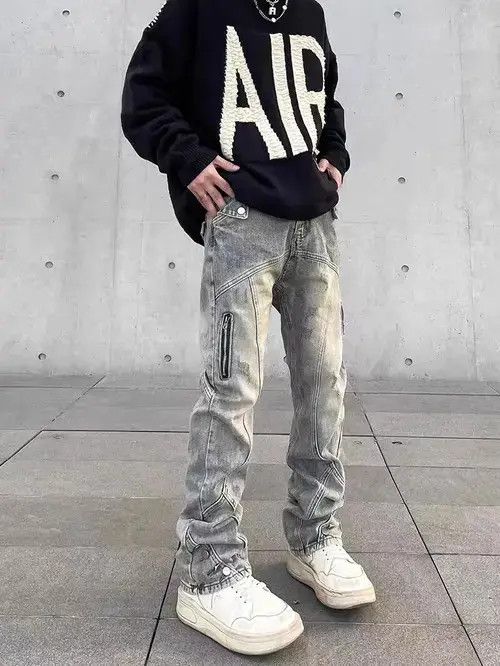 Japanese Brand Retro distressed yellow mud-dyed straight-leg zipper jeans Size US 32 / EU 48 - 1 Thumbnail