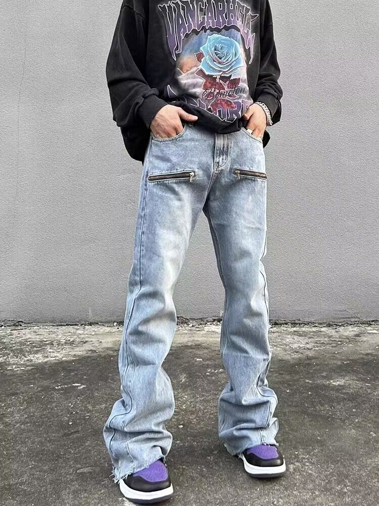 Vintage washed light blue zippered bootcut jeans