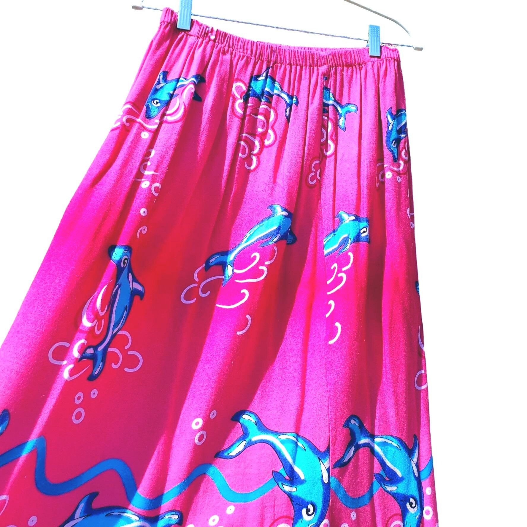 Other Midi Skirt Summer Pink Rayon Medium Blue Dolphins Curved Hem Size 32" / US 10 / IT 46 - 4 Thumbnail