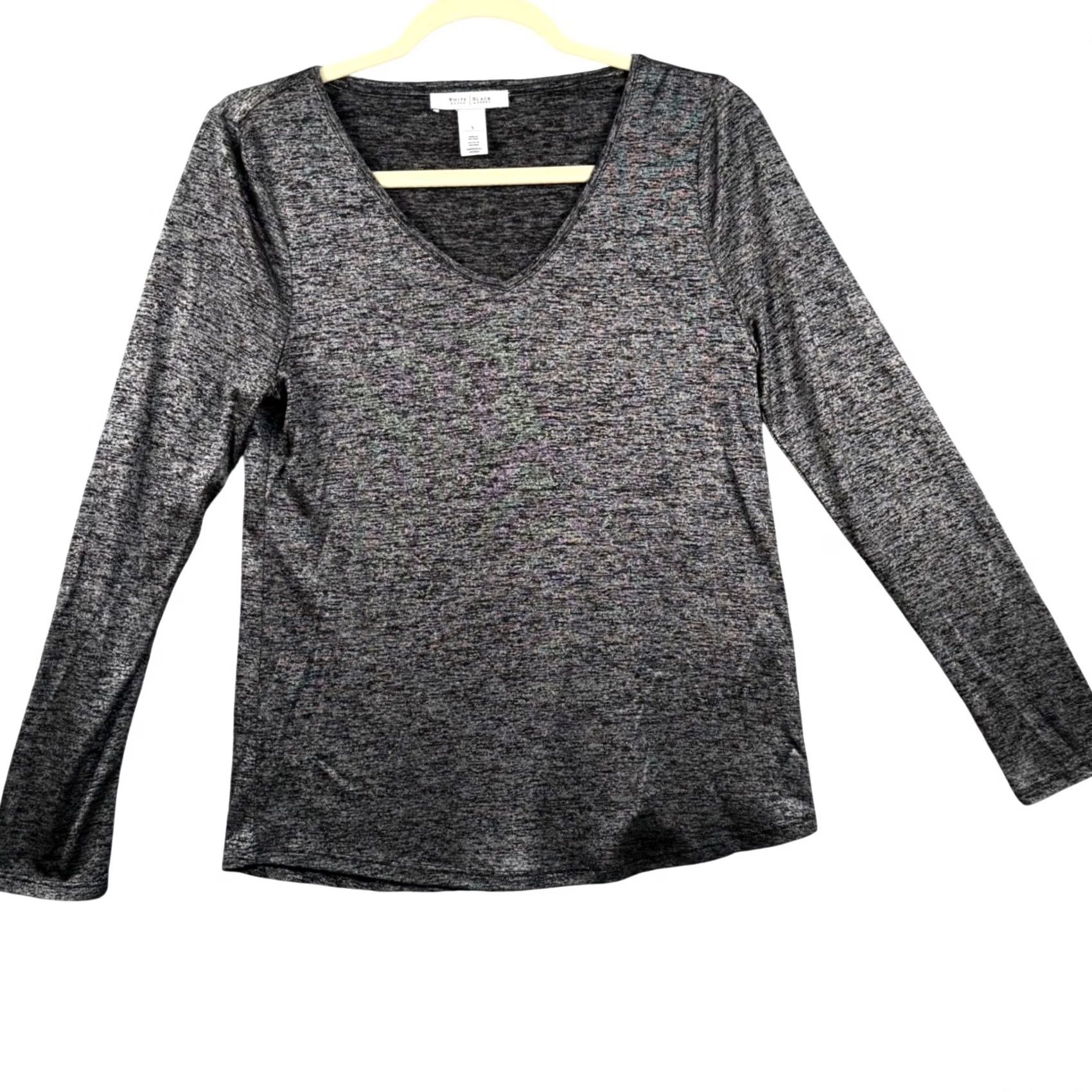 White House Black Market White House Black Market T-Shirt Womens Small V-Neck Long Sleeve Metallic Shimmer Space Dye Gray Black Size S / US 4 / IT 40 - 2 Thumbnail