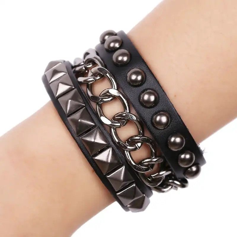 Vintage Punk Leather Bracelet Multilayers Rivets Chain Bracelet Size ONE SIZE - 1 Thumbnail