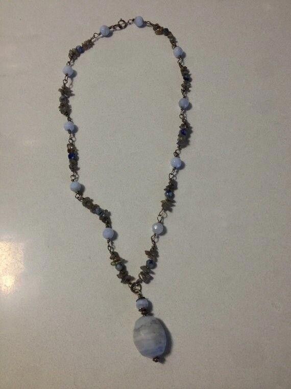 Handmade Silver Rainbow Moonstone Chips Blue Lace Agate Bead Necklace Size ONE SIZE - 3 Thumbnail