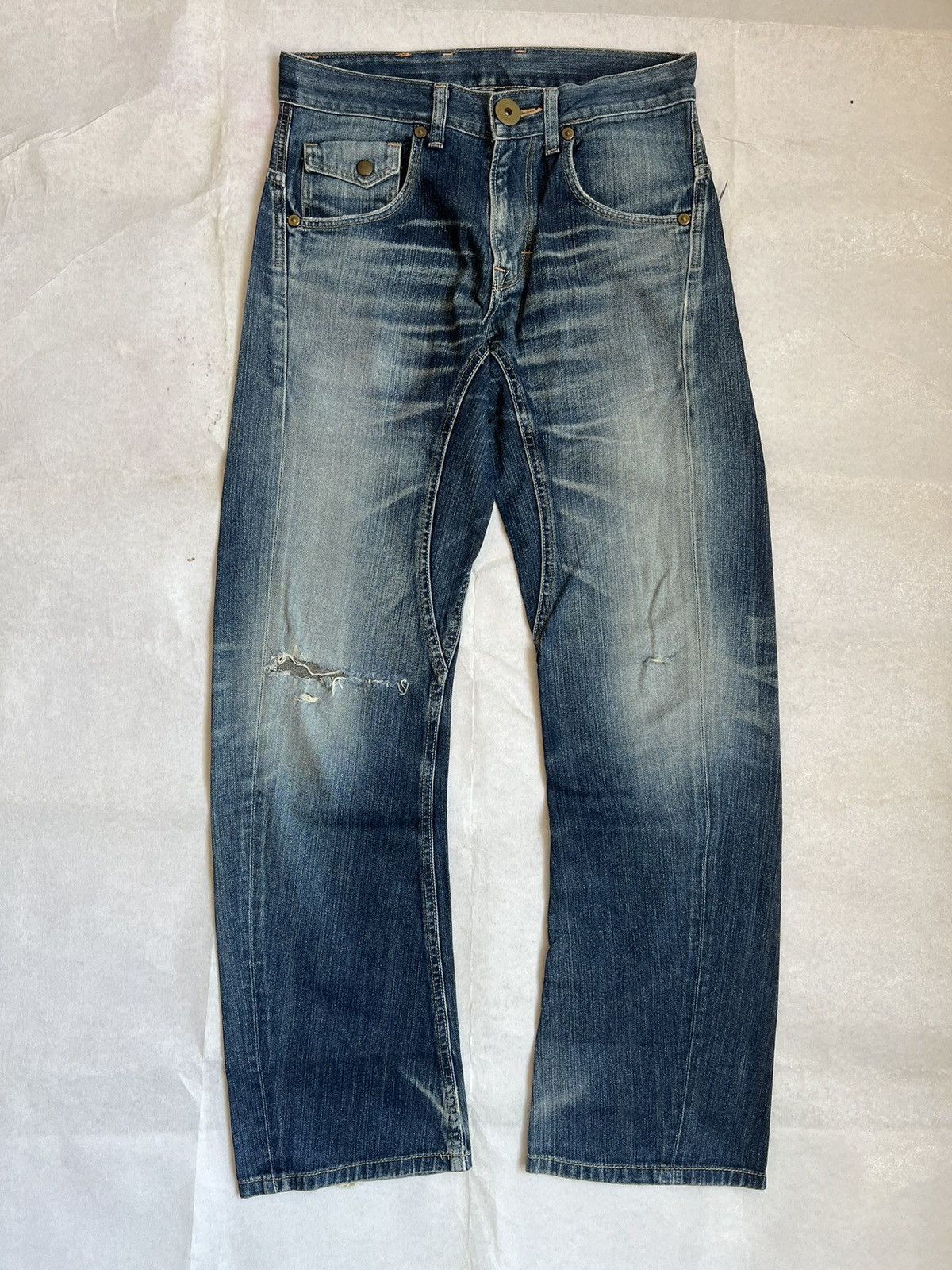 Lee Lee Cowboy Buckle Back Blue Wash Fading Distressed Denim Size US 31 - 1 Thumbnail