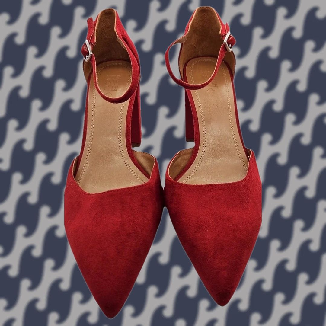Vintage BP Korysha Red Suede Block Heel Pumps Womens 6.5 Ankle Strap Pointed Toe Heels Size US 7 / IT 37 - 1 Thumbnail