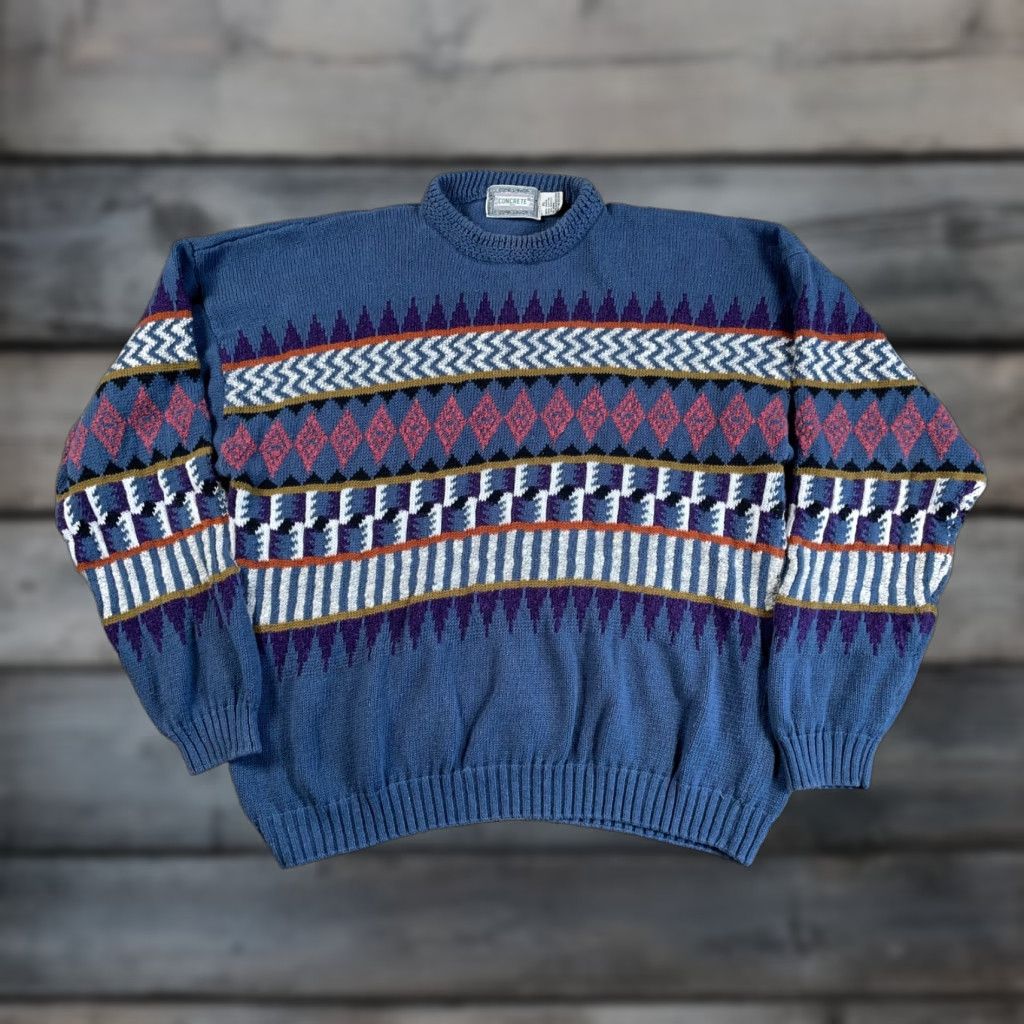 Vintage VINTAGE Geometric Pattern Sweater Mens XL Blue 90s Chunky Knit Ramie-Cotton-Acrylic Heavyweight Size US XL / EU 56 / 4 - 1 Thumbnail