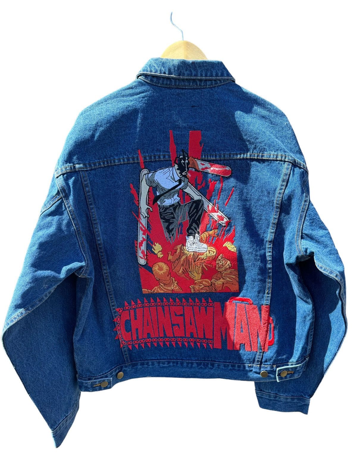 image of Chainsawman Vintage Denim Jcket Supe Anime Denim My Hero in Blue, Men's (Size XL)