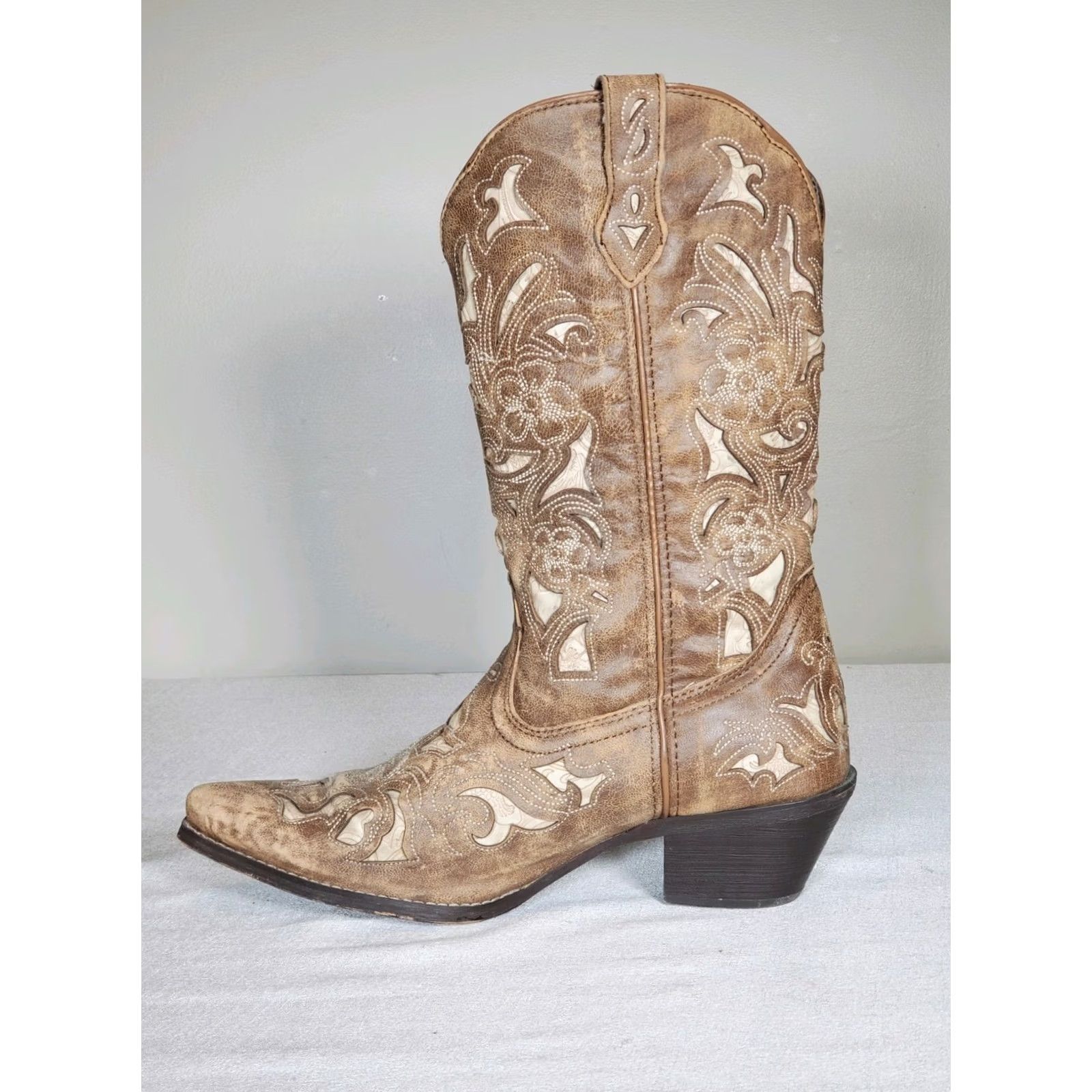 Vintage Laredo Sharona Tan Crackle Sanded Goat Boots Bone Underlay Floral Embroidery 52041 Women's US 10 M Size US 10 / IT 40 - 3 Thumbnail
