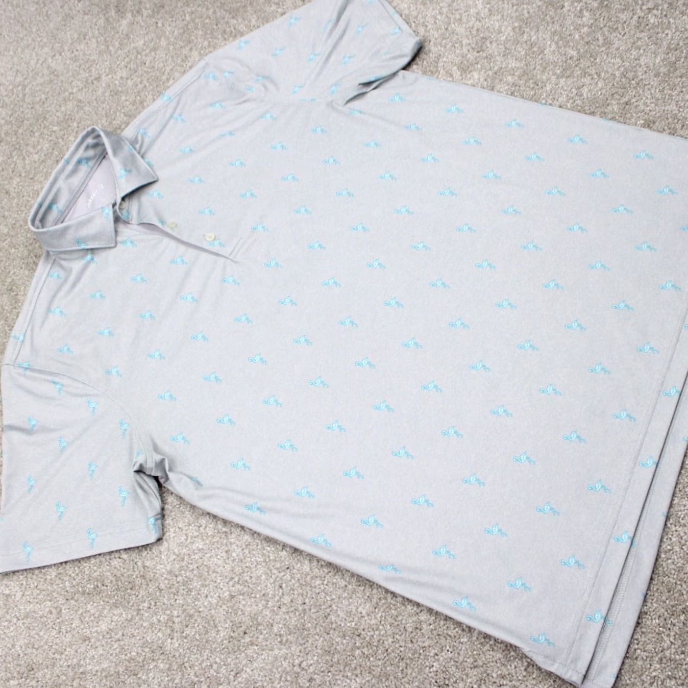 johnnie-O Johnnie-O Polo AOP Shirt Mens Large Gray w/ Blue Flamingos All Over Print S/S Size US L / EU 52-54 / 3 - 6 Thumbnail