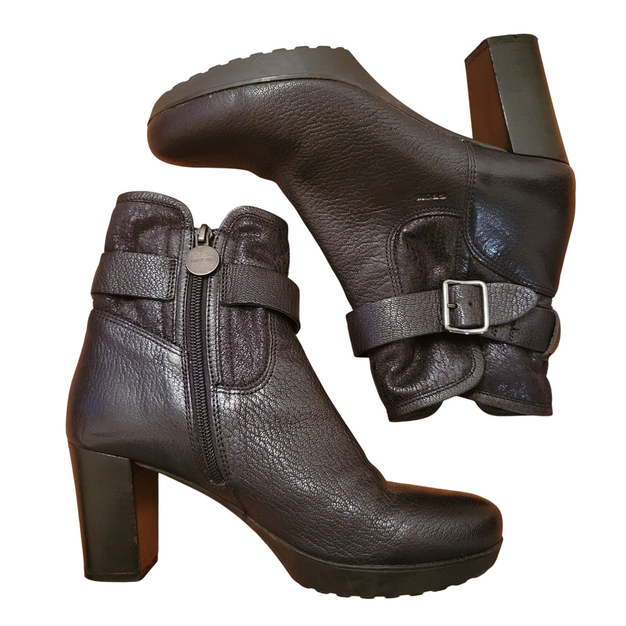 Geox Geox Respira Black Leather Heeled Ankle Boots 38 Chunky 8 Si Size US 8 / IT 38 - 1 Thumbnail