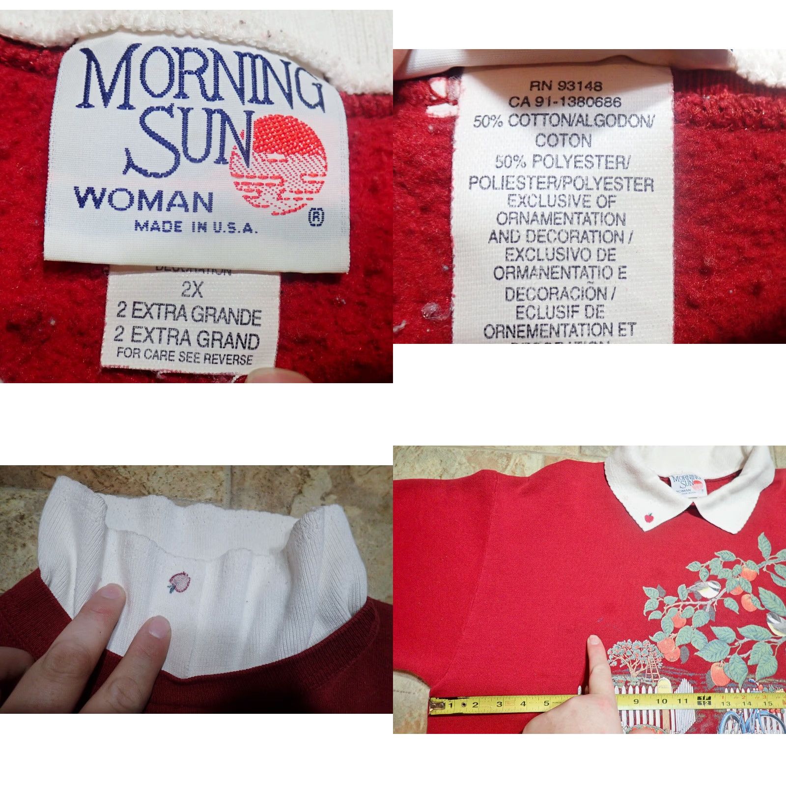 Vintage VINTAGE Morning Sun COLLARED Graphic Sweatshirt 2XL USA Apple Harvest Nature Red Cotton Blend Polyester Blend Garden Trees Little Birds USA 2XL 47 Size XXL / US 16-18 / IT 52-54 - 8 Thumbnail