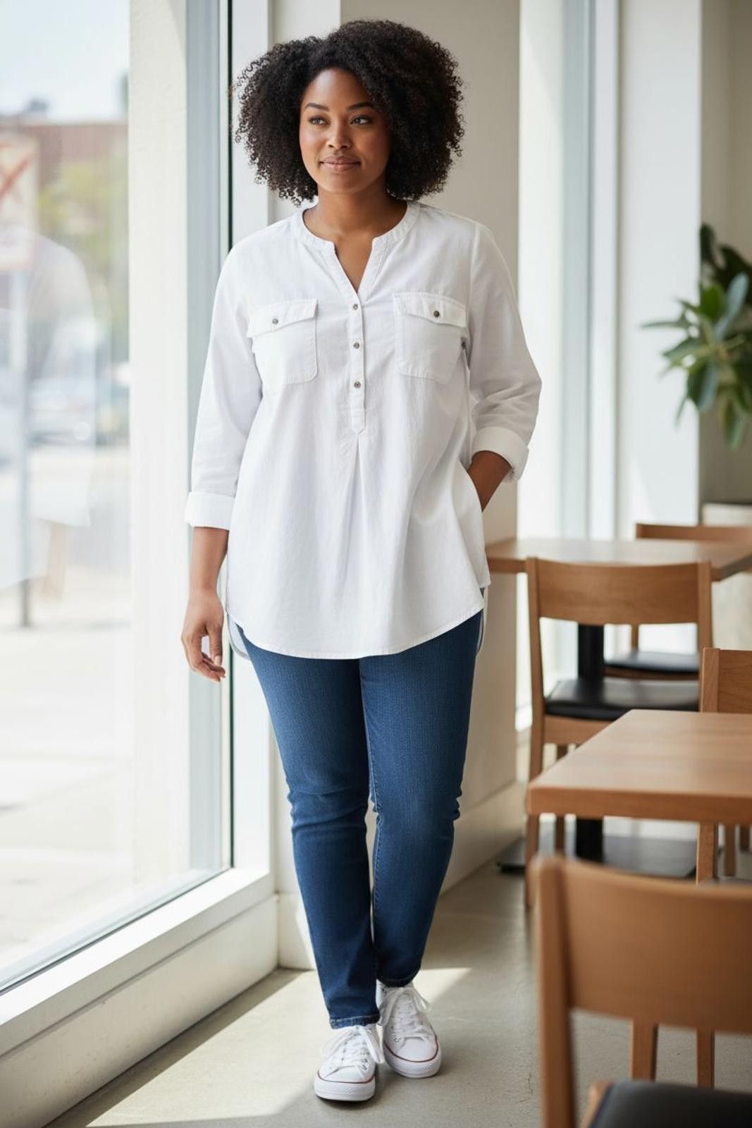 St. Johns Bay White Women's Long Sleeve Tunic Top with Button Detail Size XL / US 12-14 / IT 48-50 - 1 Thumbnail