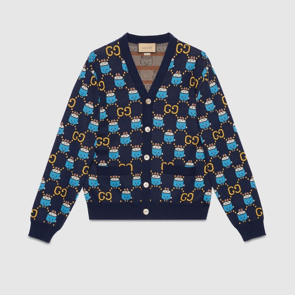 image of Gucci GG Animal Print Wool Jacquard Cardigan in Navy, Men's (Size XL)