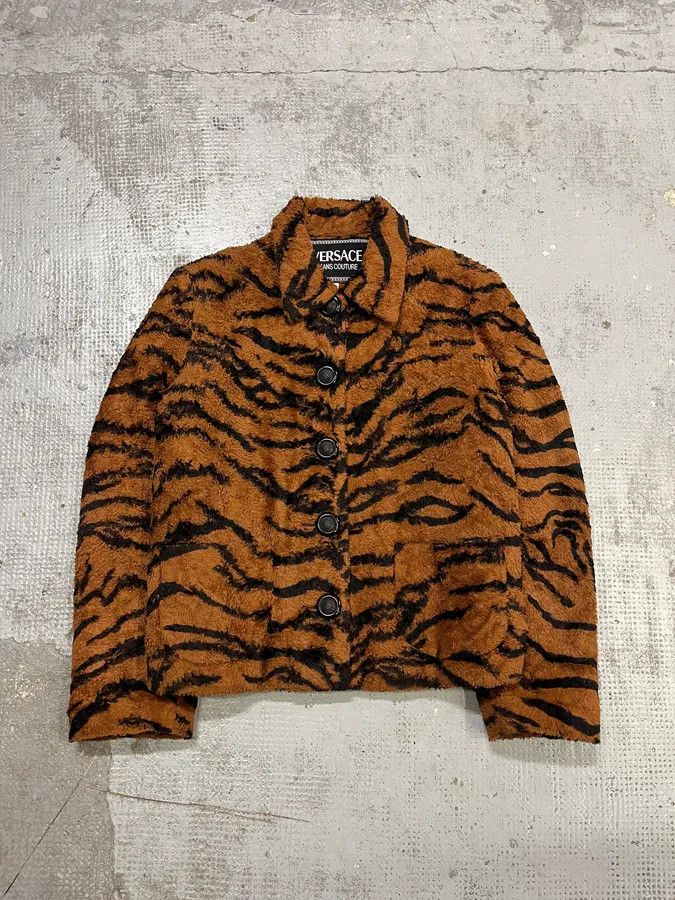 Versace 1990s Versace Brown Tiger Stripe Fuzzy Jacket Size M / US 6-8 / IT 42-44 - 4 Thumbnail