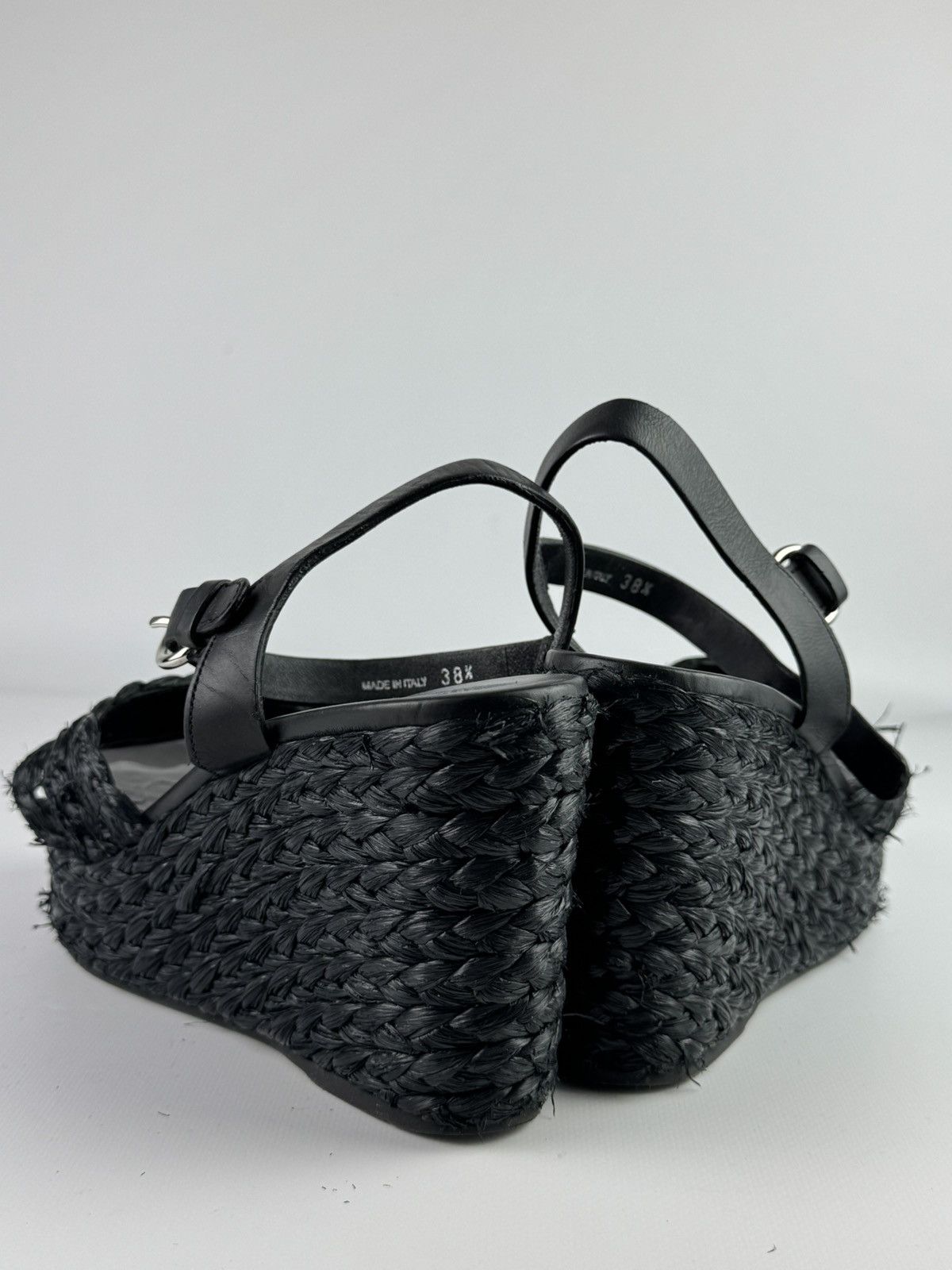 Prada Raffia Crisscross Wedge Sandals Espadrilles Black