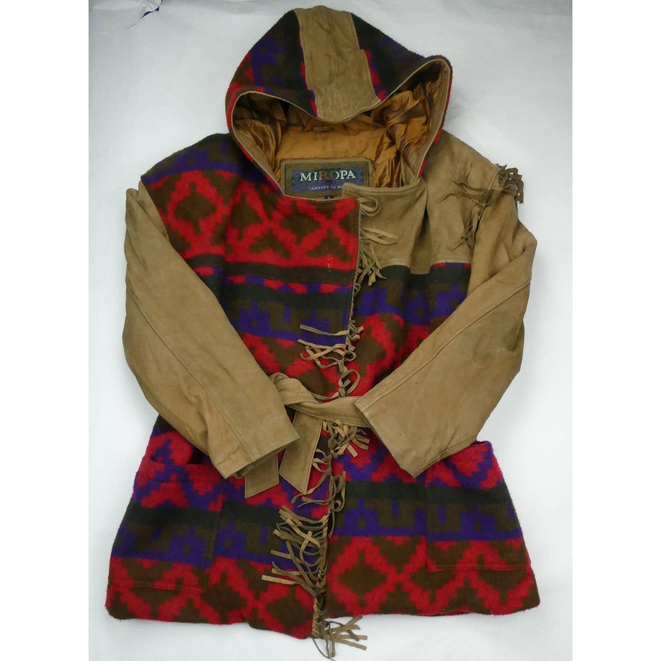 Image of Miropa Wool & Leather Aztec Print Coat Pendleton Like, Small in Red, Women's