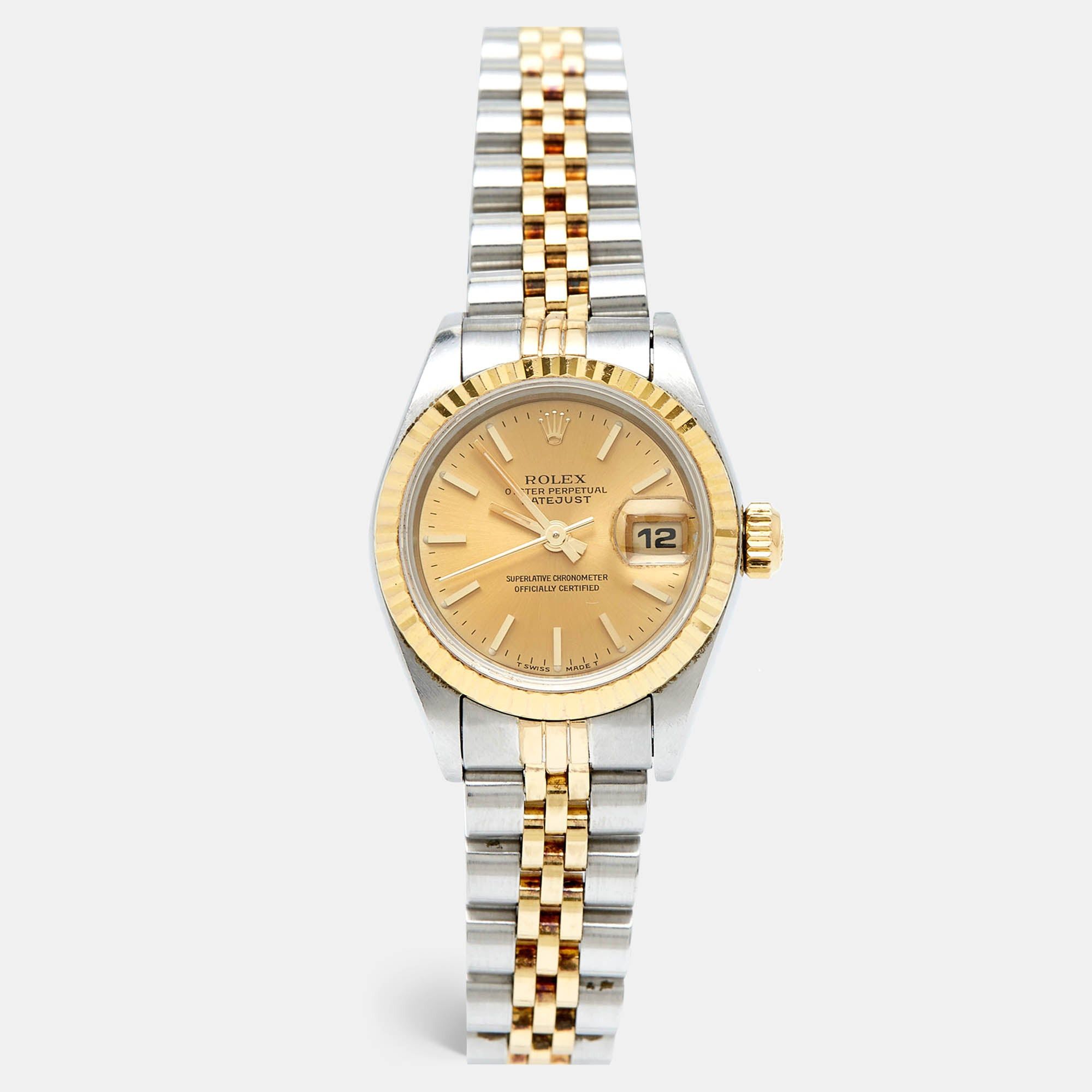 image of Rolex Champagne 18K Yellow Gold Stainless Steel Datejust 69173 Women's Wristwatch 26 Mm