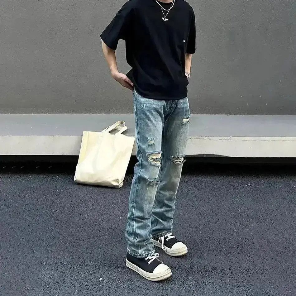 Japanese Brand Ripped Jeans Men Summer Slim Streetwear Blue Casual Fashion Size US 30 / EU 46 - 2 Thumbnail