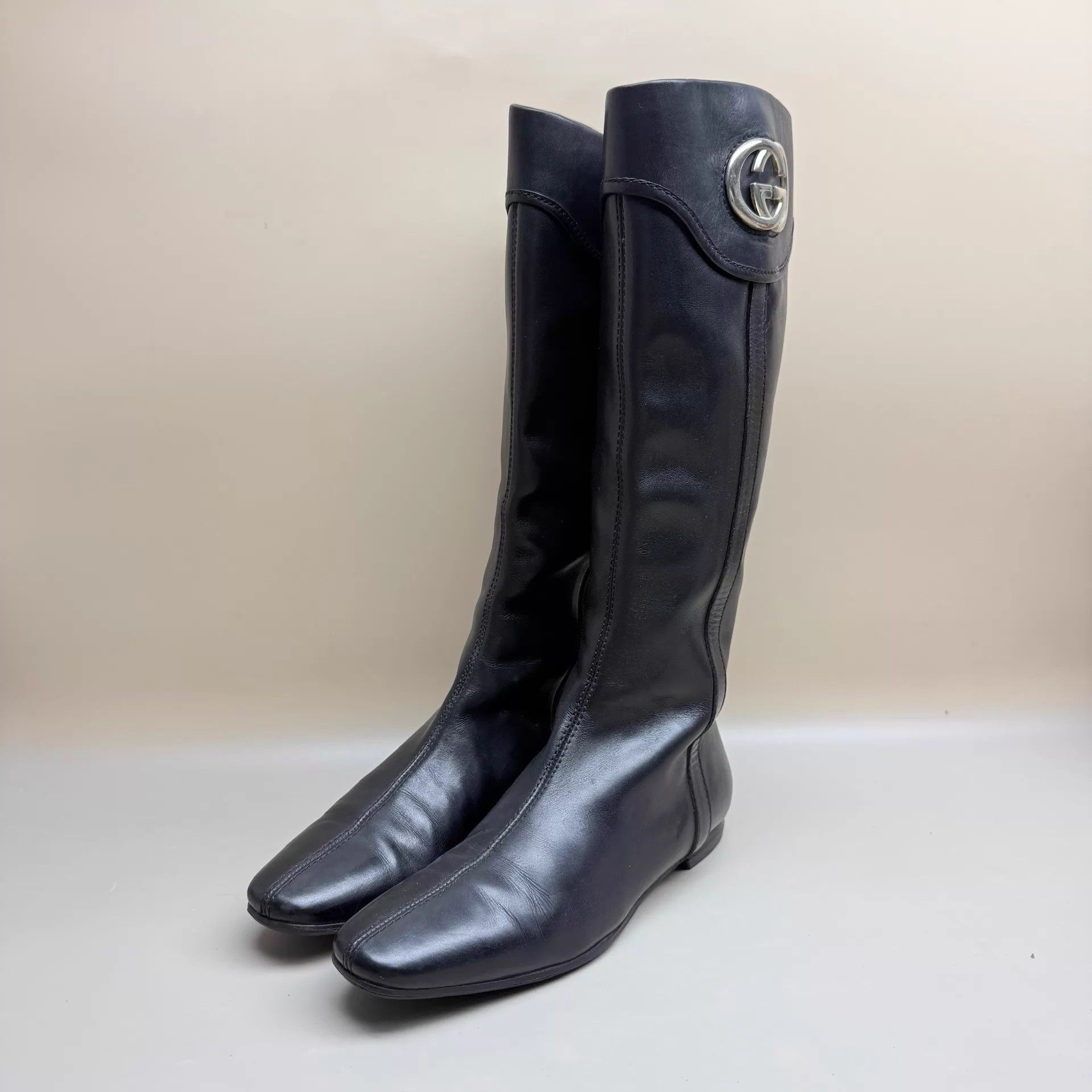 Gucci GUCCI Mid-Calf Boots Black Silver Double G Buckle 36 99 New Size US 5.5 / IT 35.5 - 1 Thumbnail