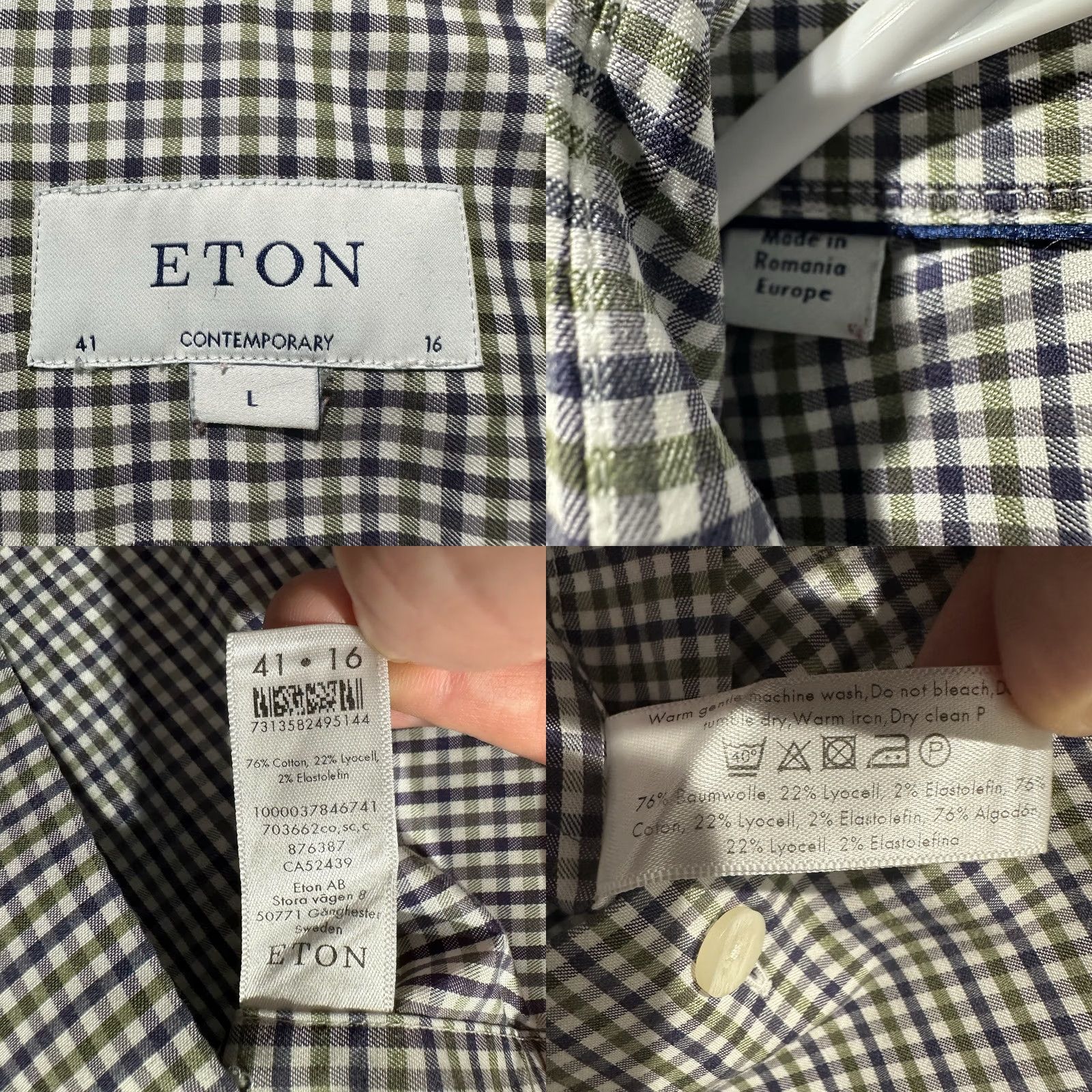 Eton Eton Shirt Mens L White/Blue/Green Gingham Plaid Long Sleeve Contemporary Size US L / EU 52-54 / 3 - 8 Thumbnail