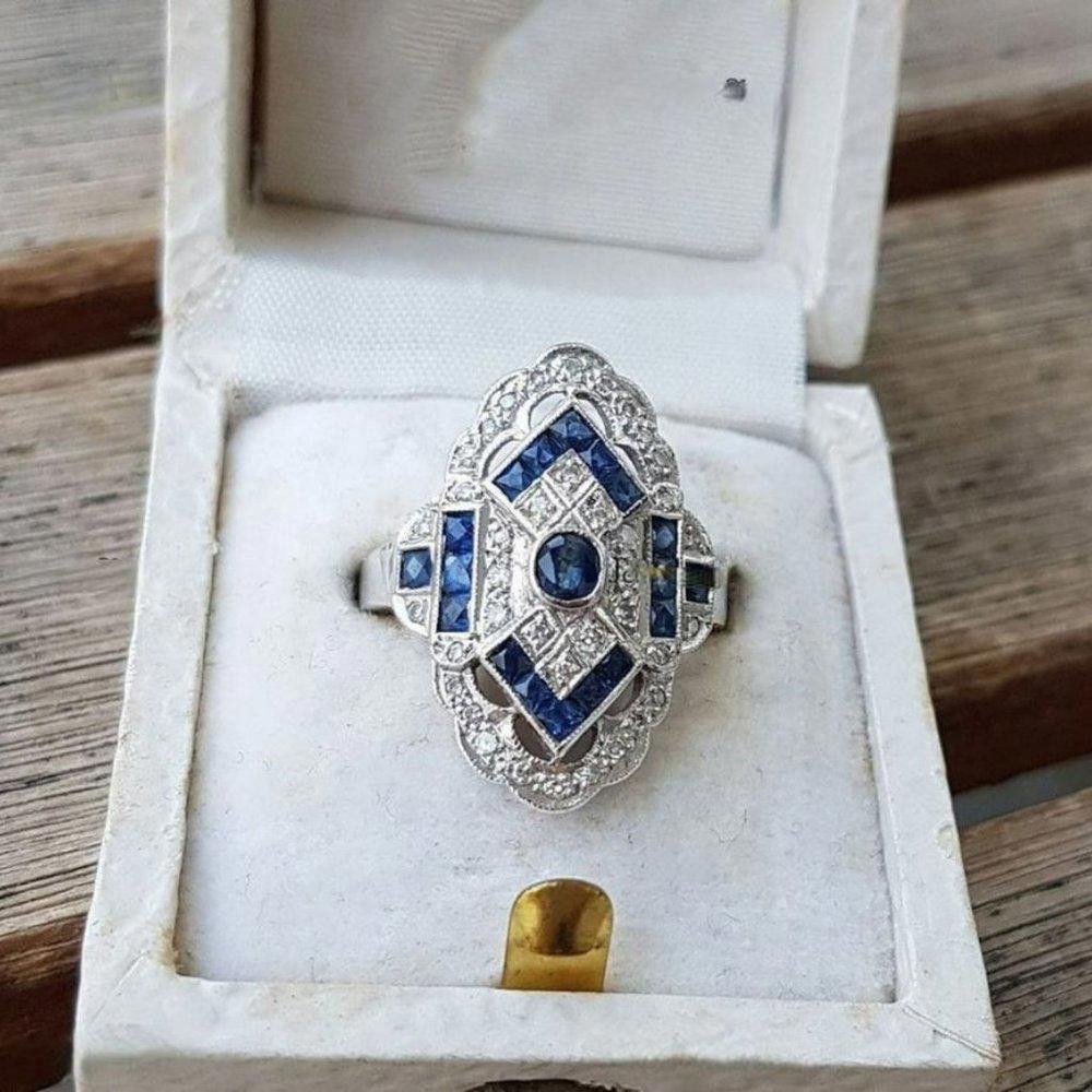 Designer Vintage Blue Sapphire European Silver Art Deco Ring - Size 7 Size ONE SIZE - 3 Thumbnail