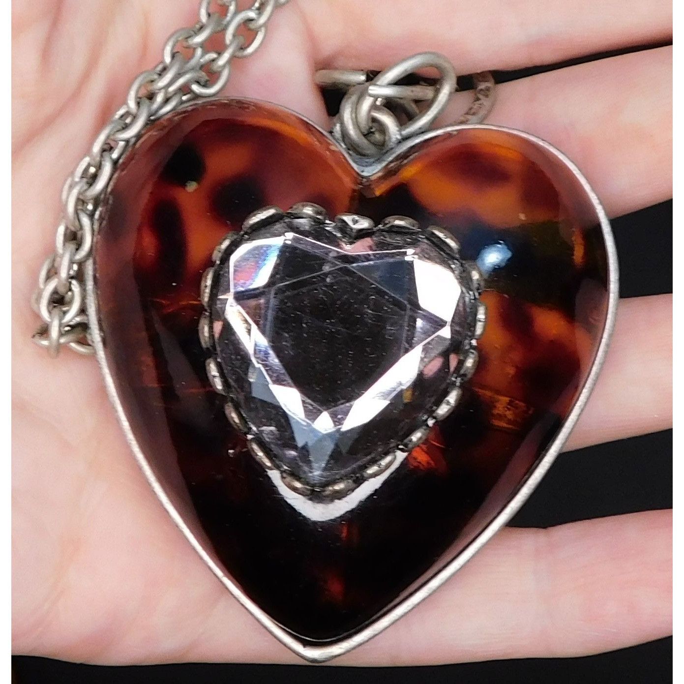 Other Chunky Tortoise Heart Necklace With Faceted Gem Accent Size ONE SIZE - 1 Thumbnail