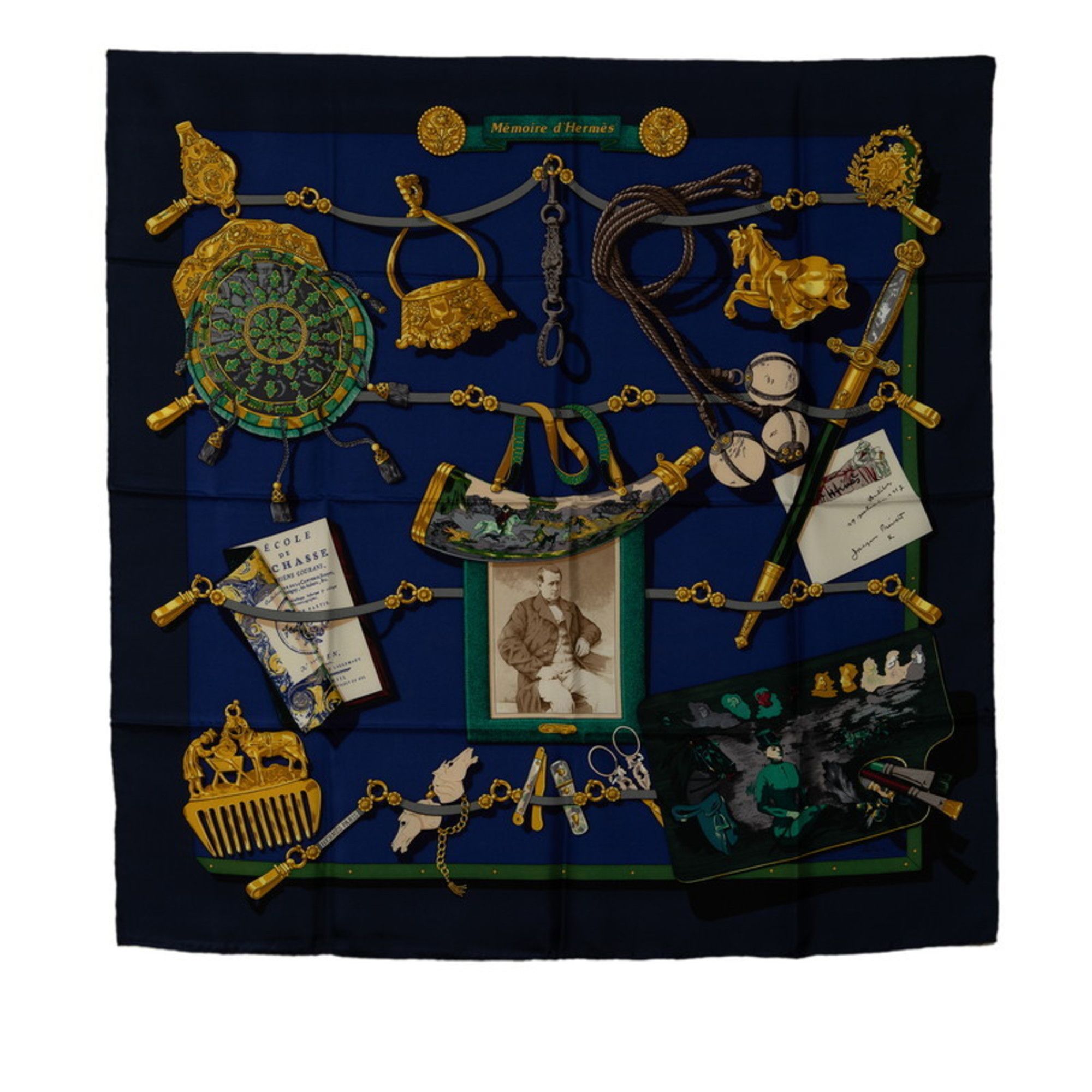 image of Hermes Carre 90 Memoire D'Hermes Scarf Muffler Navy Blue Multicolor Silk Women's Hermes