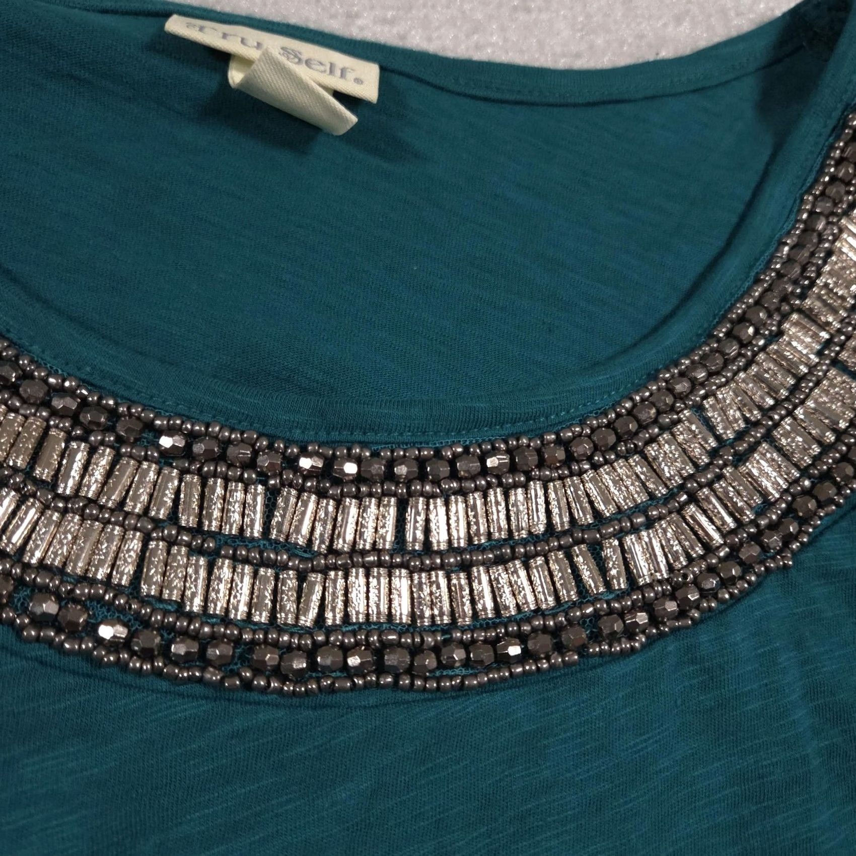 Altea Tru Self Shirt Womens Small Teal Blue Beaded Embellished Neck Short Sleeve Top Size S / US 4 / IT 40 - 4 Thumbnail