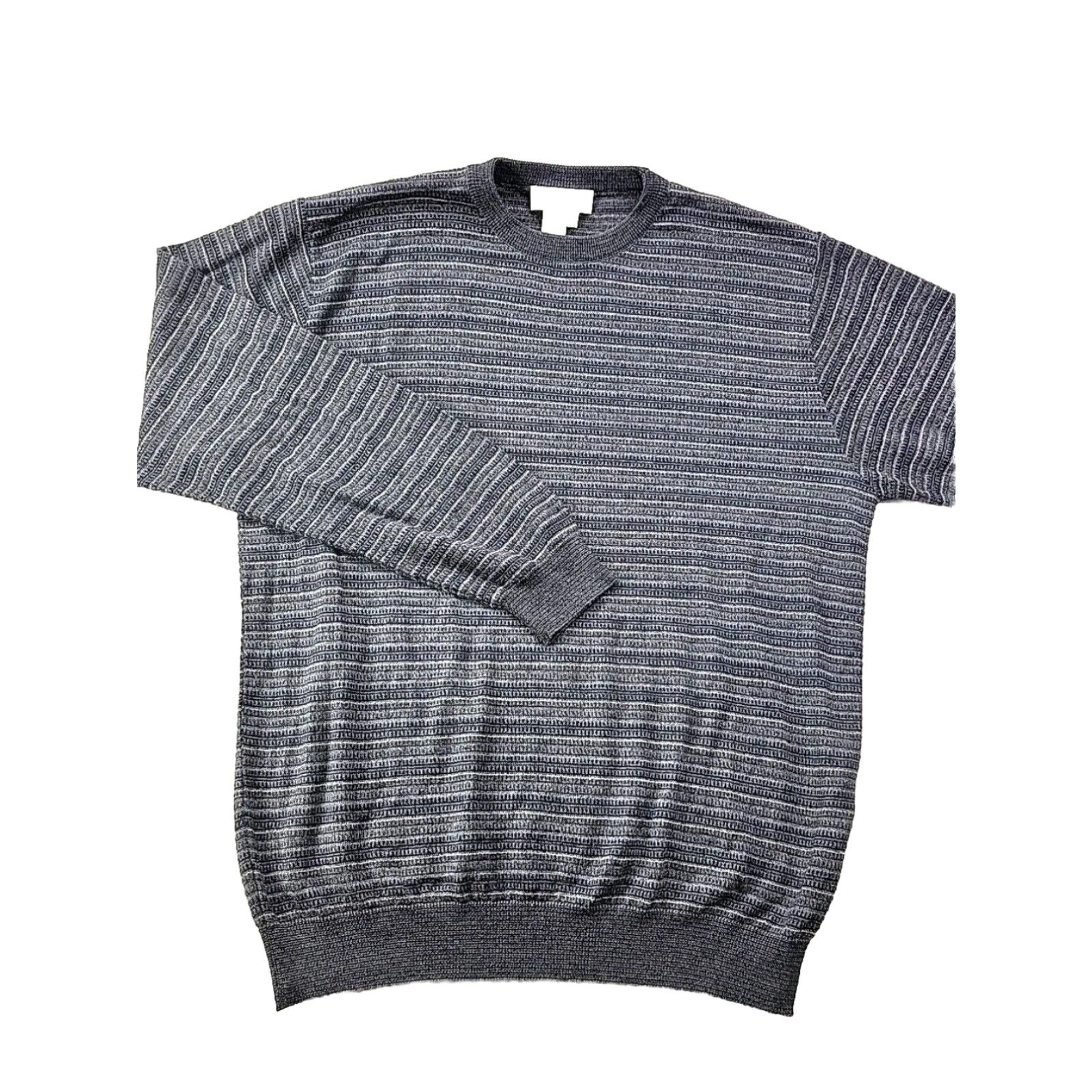 image of Ermenegildo Zegna Men's L Blue Striped Wool Blend Knit Sweater Crew Neck Warm in White (Size Large)