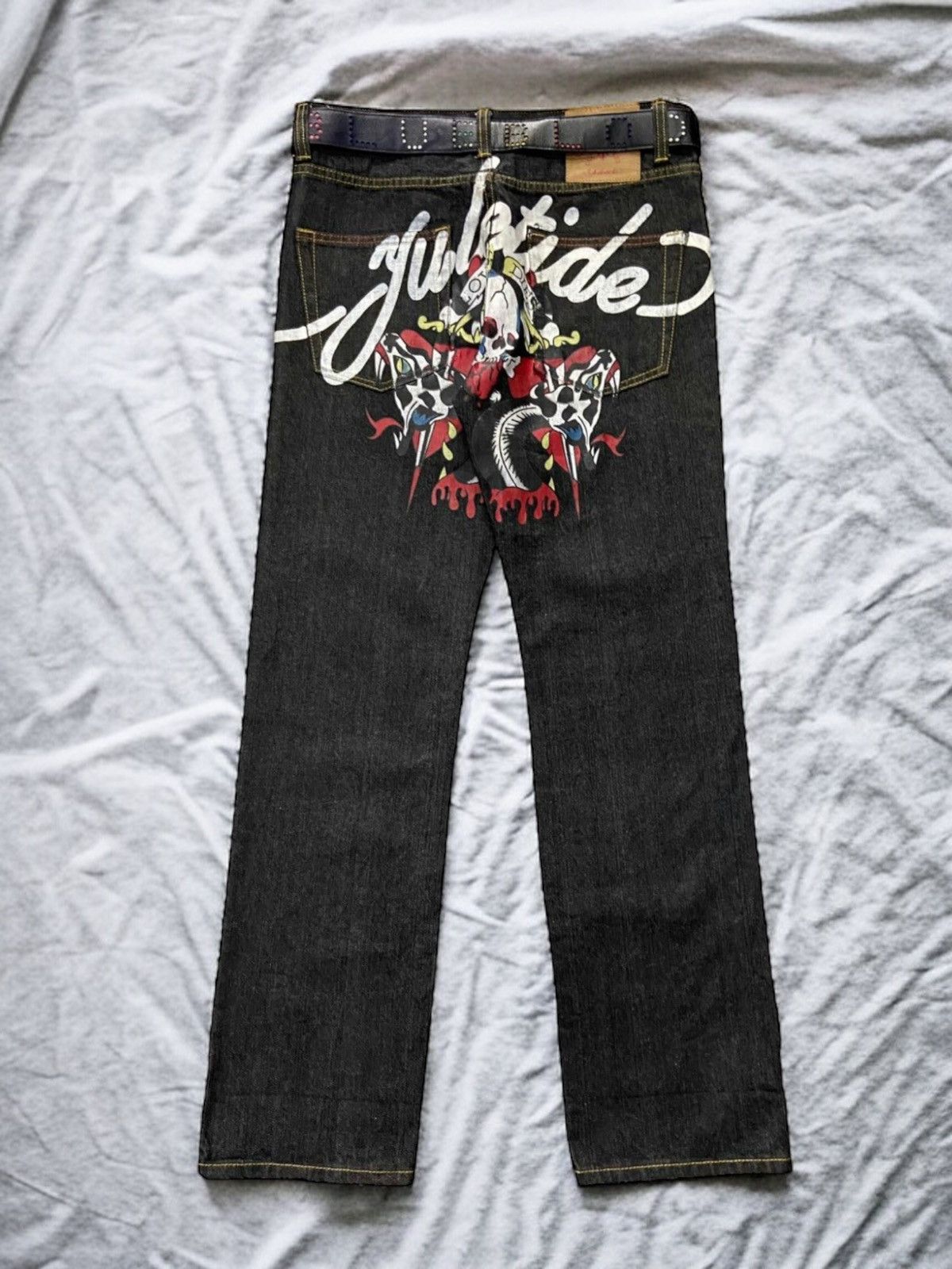 image of Affliction x Ed Hardy Y2K Yuletide Japan Ed Hardy Style Skull Tattoo Denim Pants in Dark Gray (Size